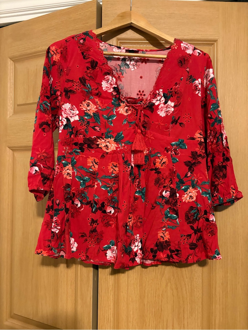 torrid Red Floral Lace-Up Peasant Tunic
